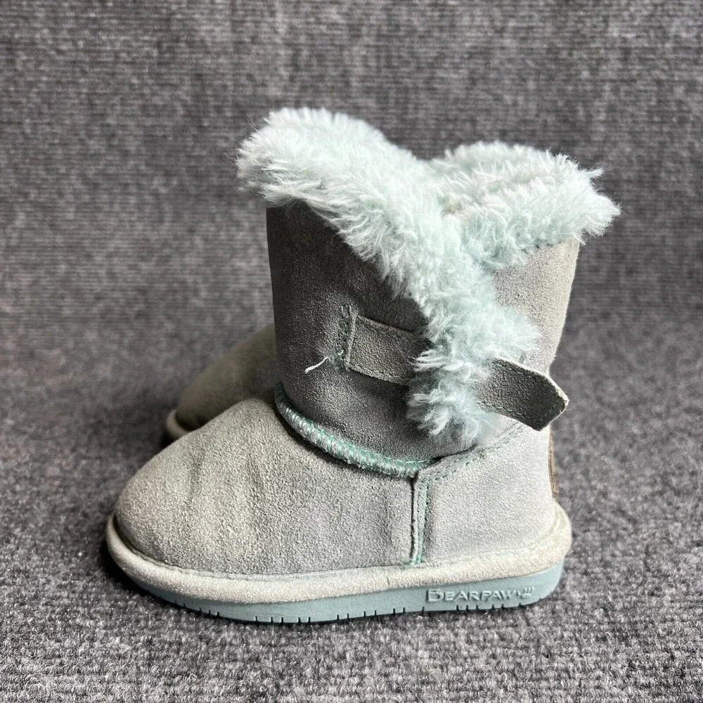 Bearpaw Boots Toddler 7 Mint Green Suede Leather Shearling Pull On Fur Trim